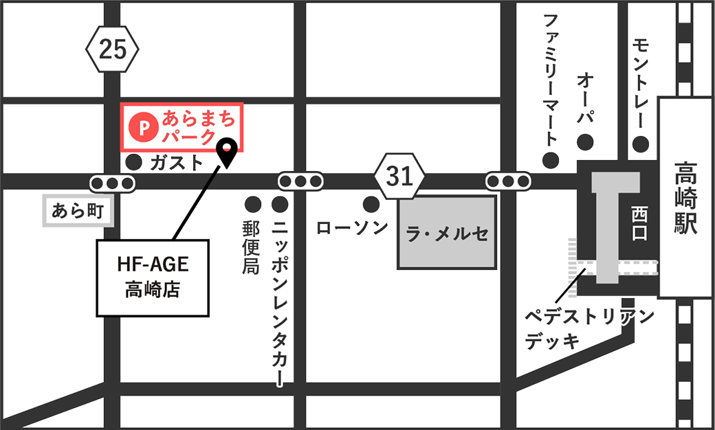 HF-AGE 高崎店とあらまちパーク周辺の案内地図